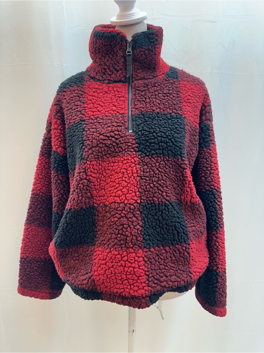 Thread & Supply Red and Black Plaid Teddy Sherpa Half-Zip Jacket S